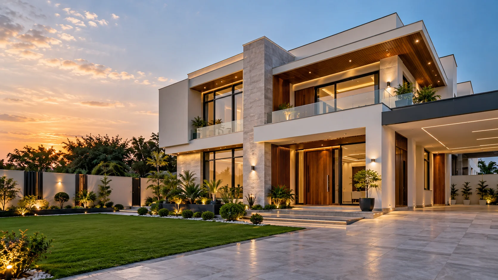 Modern luxury residential villa at sunset for Al-Manarah Engineering & Construction
