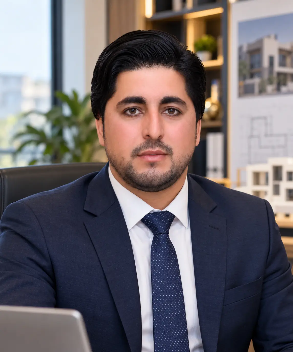 Portrait of the founder of Al-Manarah Engineering & Construction in a modern office