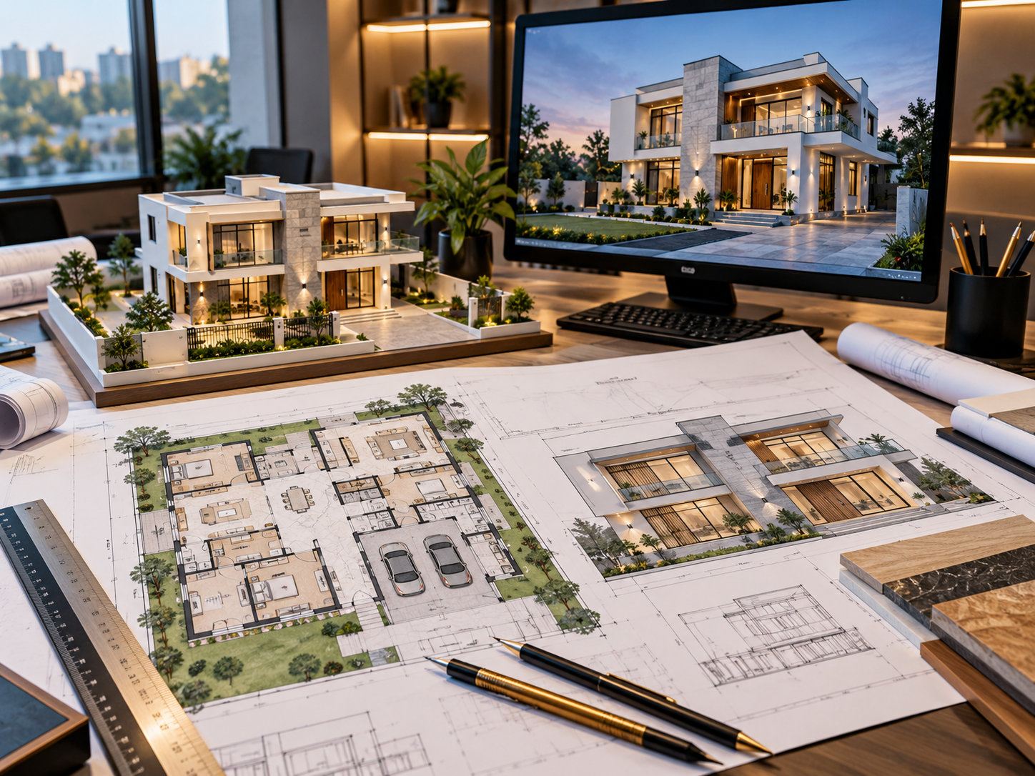 Architectural planning workspace with residential building drawings