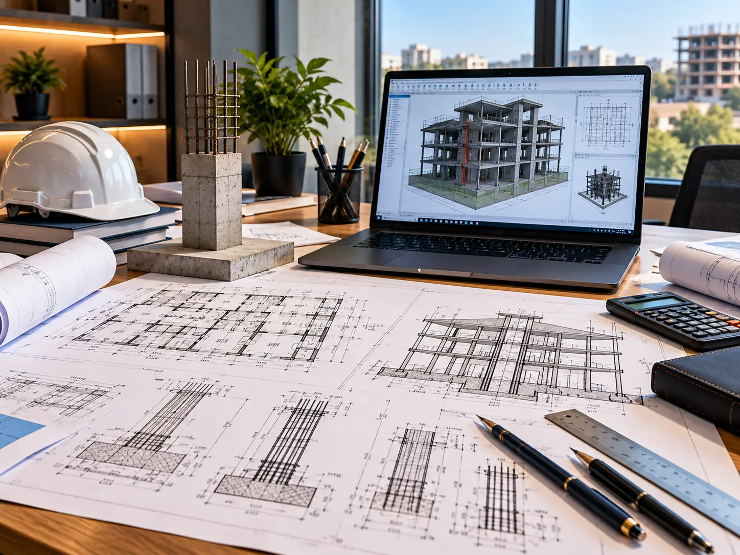 Engineering workspace with architectural and technical drawings