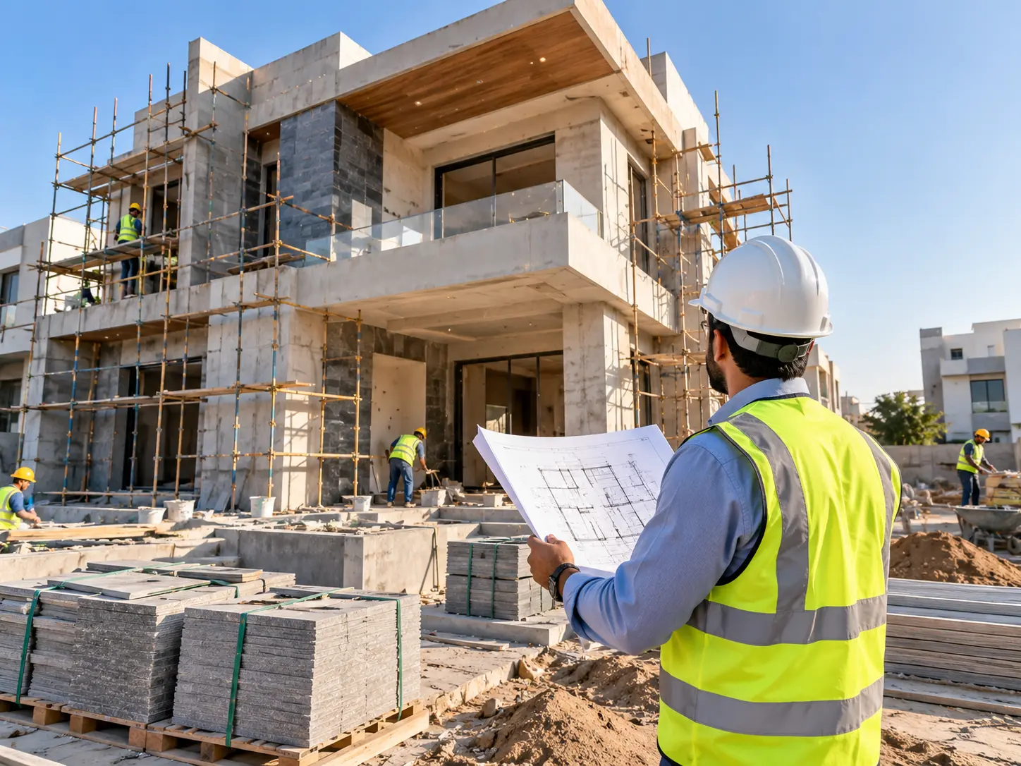 Construction professional reviewing building plans at a construction site