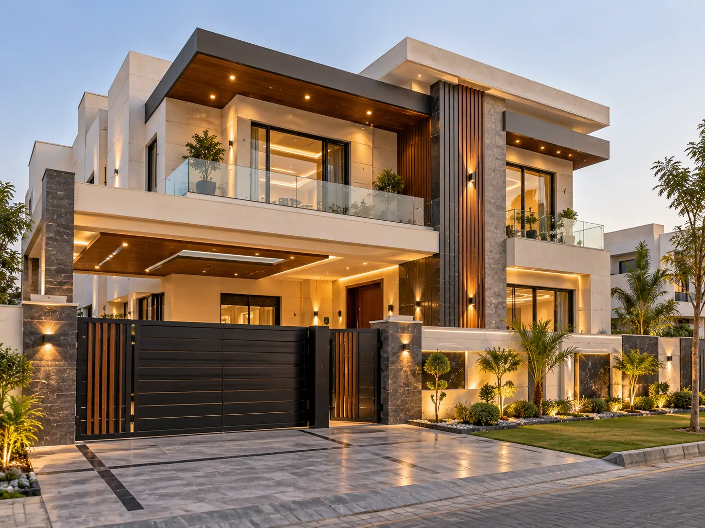 Concept visual of a contemporary residential villa at dusk